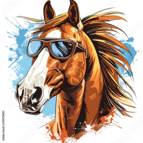 A horse with sunglasses on its face. The sunglasses are on the horse's face and are positioned in a way that they cover the horse's eyes. The horse is brown and has a white nose