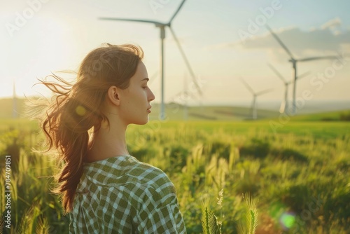 Woman green energy, ecologically sensible, renewable energies - Alternative renewable ecology technology picture - eco, clean concept background wallpaper  photo