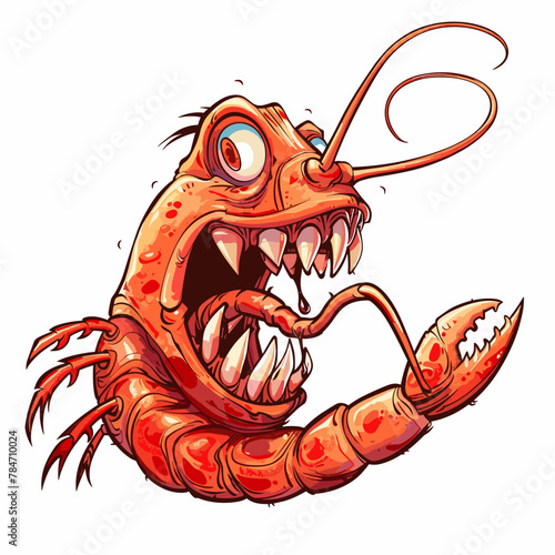 Angry cartoon shrimp. Vector illustration isolated on a white background.