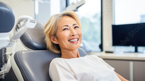 Confident visit  An Asian woman smiles  radiating dental confidence and a joyful smile with beautiful teeth in a dentist s chair.