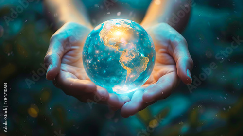 A woman holding a glowing globe in her hands.