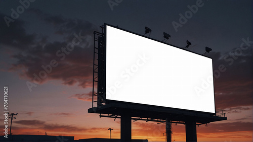 Billboard mockup at dawn with a vivid sunrise and cloudy sky. Advertising concept.