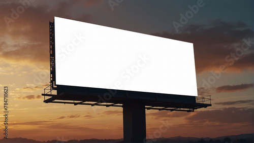 Billboard mockup at dawn with a vivid sunrise and cloudy sky. Advertising concept.