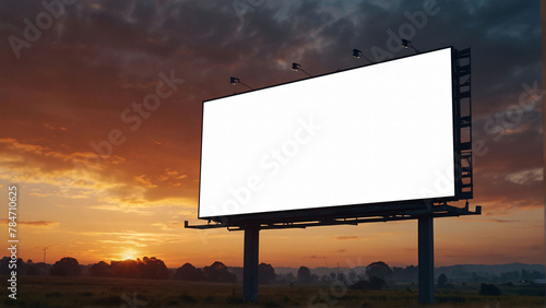 Billboard mockup at dawn with a vivid sunrise and cloudy sky. Advertising concept.