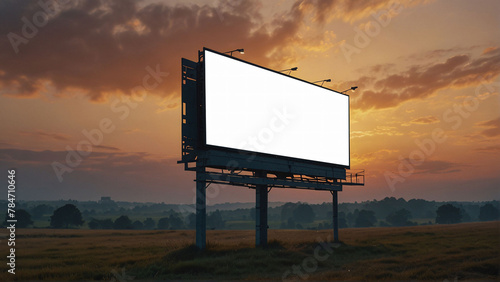 Billboard mockup at dawn with a vivid sunrise and cloudy sky. Advertising concept.