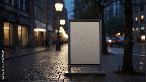 Blank billboard on city street at dusk, urban advertising space. Marketing and promotion concept