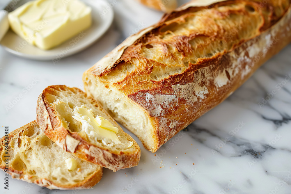 A loaf of bread with butter on a plate A loaf of bread with butter on a plate