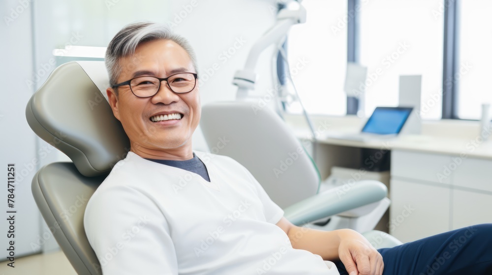 Bright and happy: An Asian man with stunning teeth sits in a dentist's chair, smiling joyfully, projecting dental health and confidence. Bright and happy: An Asian man with stunning teeth sits in a dentist's chair, smiling joyfully, projecting dental health and confidence.