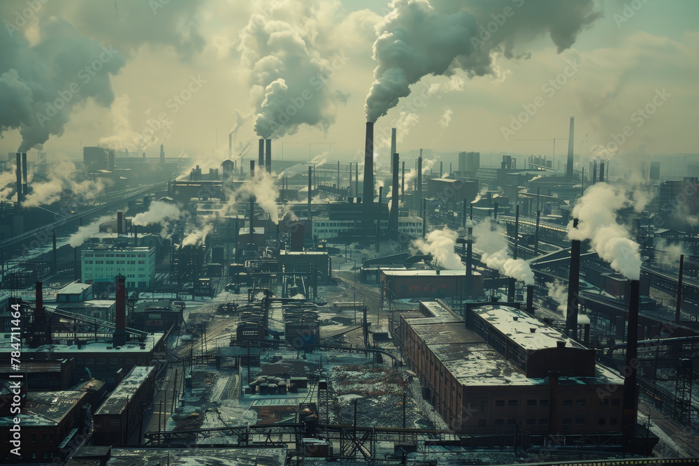 A high-angle view of a city's industrial district. Smokestacks, warehouses, and factories stretch out towards the horizon.