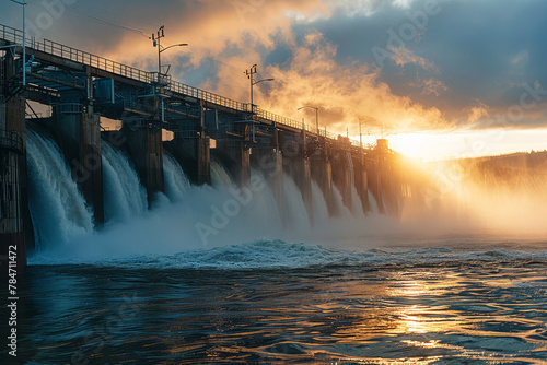 A hydroelectric dam in the soft light of dawn, the flowing water symbolizing the generation of renewable energy