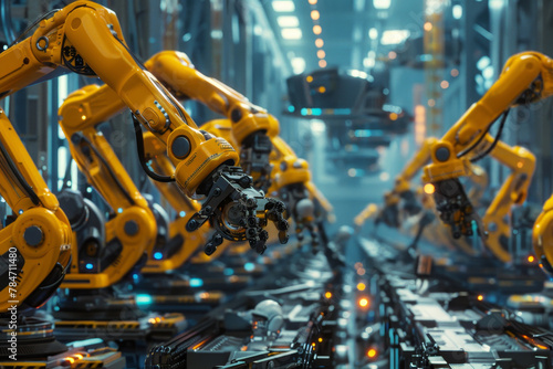 A high-tech robotics assembly line. Sleek robotic arms move with precision and speed, assembling complex machinery under the watchful eyes of human supervisors.