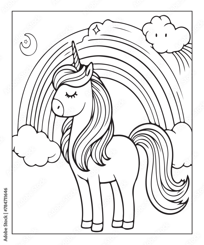 Fototapeta premium Cute unicorn with rainbow. black and white vector illustration for coloring book, Generative AI