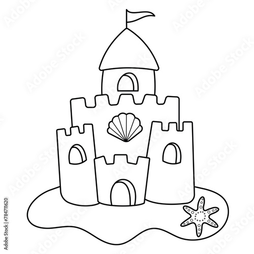Summer Sand Castle outline Doodle illustration on white background for colouring pages