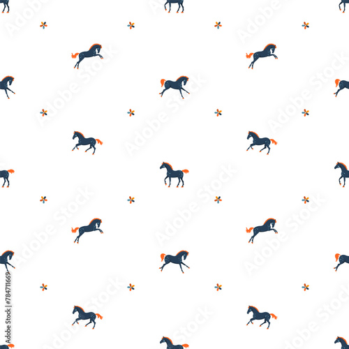 Seamless pattern with cute horses on white background