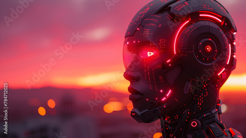 An intricate robotic head, sleek and futuristic, emitting digital patterns against a neon-lit gradient