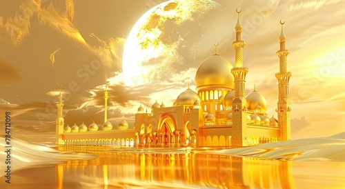 Golden illustration on the theme of Islam, Mosques and minarets, month photo