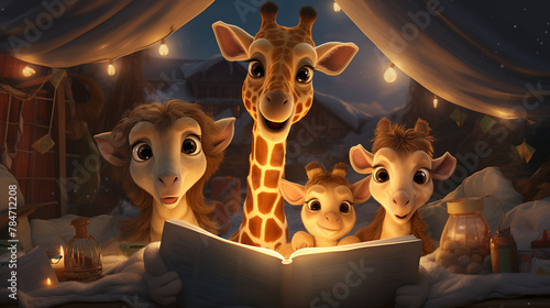 A family of giraffes reads a bedtime story