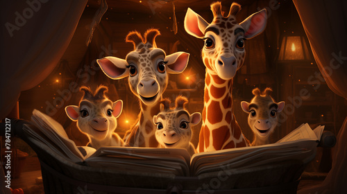 A family of giraffes reads a bedtime story