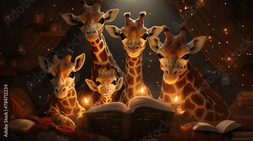 A family of giraffes reads a bedtime story