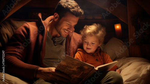 dad reads a fairy tale to his daughter at night