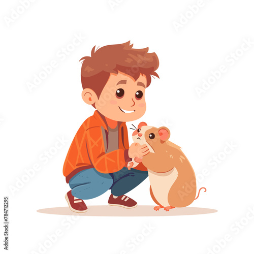 Cute boy playing with hamster, animal cartoon vector Illustration