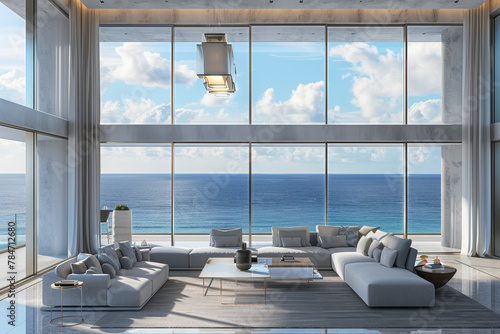A luxury seafront penthouse with an abstract design, its floor-to-ceiling windows offering breathtaking sea views