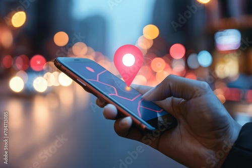 male hand holding mobile phone with location pin on the screen. Businesses use geolocation to enhance consumer engagement and personalized marketing photo