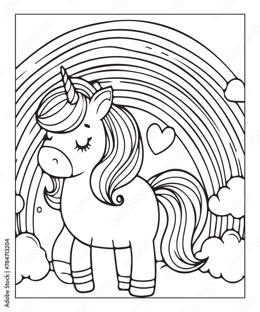 Fototapeta premium Cute unicorn with rainbow. black and white vector illustration for coloring book, Generative AI