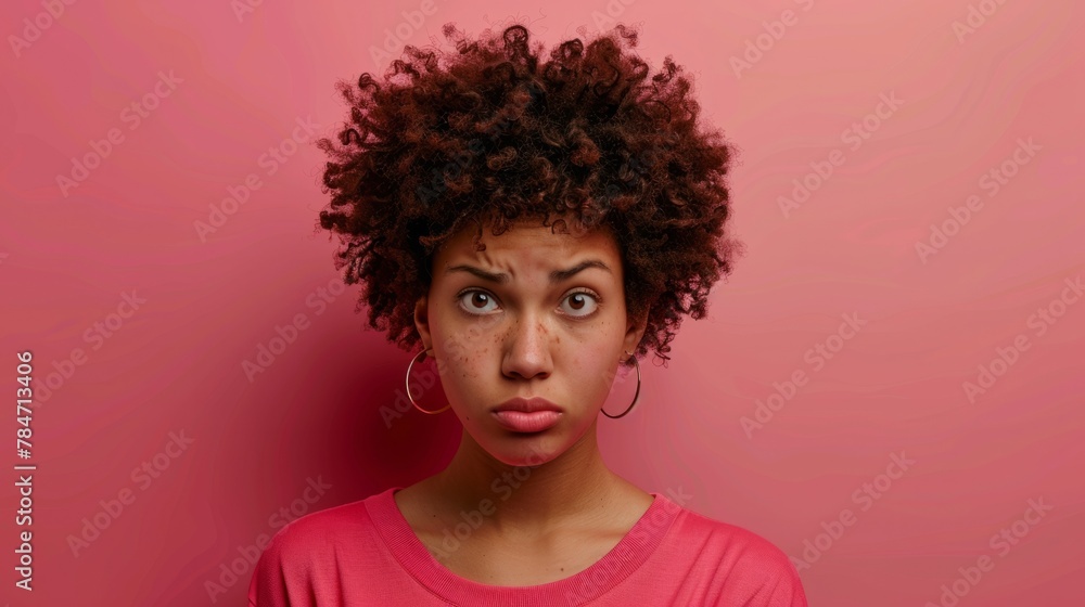Young African American woman looking at the camera has a sarcastic expression listening to something. generative ai Young African American woman looking at the camera has a sarcastic expression listening to something. generative ai