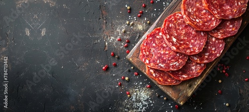 Dry salted salami. smoked sausage. View from above. place for text. generative ai