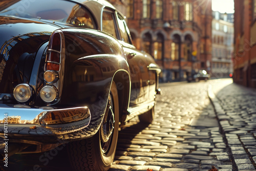 A classic vintage car parked on a cobblestone street. The car's polished chrome gleams in the sunlight