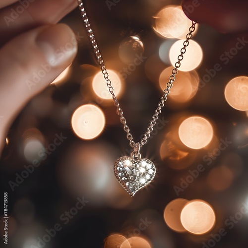 hand holding a necklace with lights background