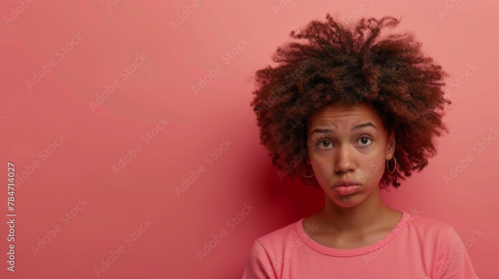 Young African American woman looking at the camera has a sarcastic expression listening to something. generative ai Young African American woman looking at the camera has a sarcastic expression listening to something. generative ai