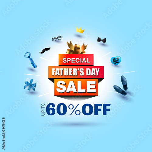 Vector illustration for Happy father's day. Props design of fathers. Fathers day sale 60% off deal template background.