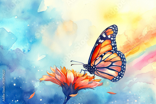 A wondrous watercolor illustration of a butterfly perched on a flower, with a rainbow in the background
