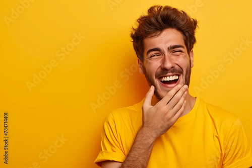 A man with his mouth open and his hand over his lips trying to hold back laughter on a yellow background