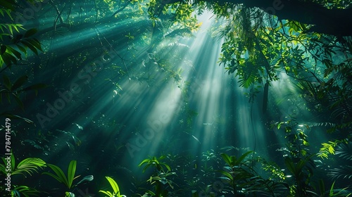 dark rainforest, where sun rays dance through the towering trees