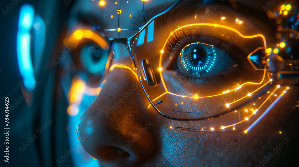 A robotic head, blue and yellow eyes, neon neural network A robotic head, blue and yellow eyes, neon neural network