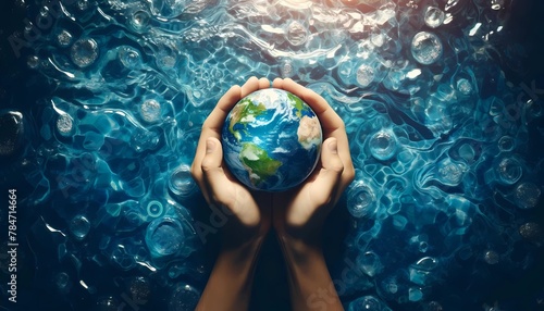 Hands holding the earth with water background concept of save the world in earth day celebration 