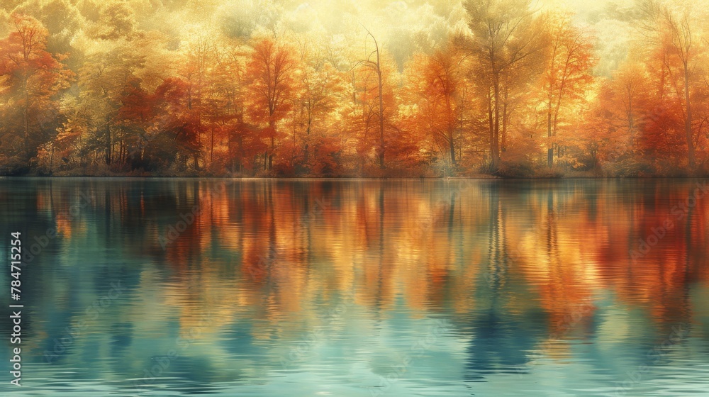 A tranquil lakescape aglow with iridescent light, reflecting shades of Vermilion, Celadon, Medium Champagne, and Honey Yellow, creating a serene and wondrous scene. - obrazy, fototapety, plakaty 