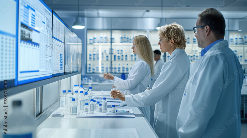 Obraz premium Pharmaceutical Professionals Analyzing Data on Large Screens in Modern Laboratory