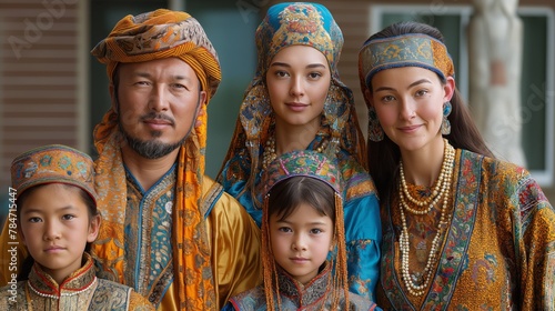 A family in bright national clothes — man, women, children — demonstrates ethnic beauty