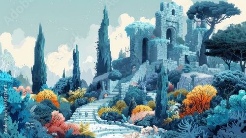 Three time-traveling adventurers wreak havoc in lush gardens, with teal, light blue, and light gray tones blending past and present landscapes seamlessly. photo