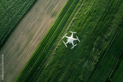 Drone soaring above lush green field with Grass and plants
