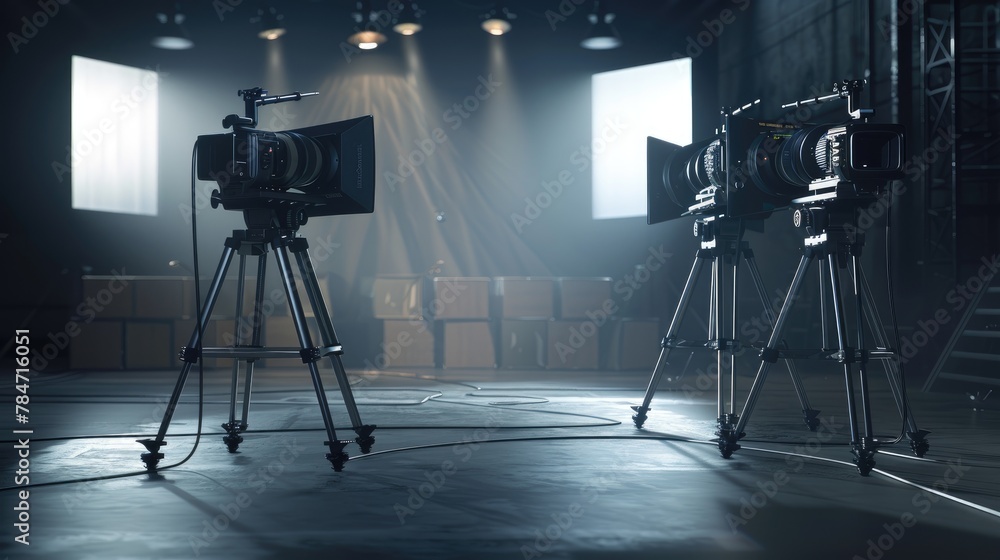 Professional Cinema Cameras on Tripods in Film Studio Set