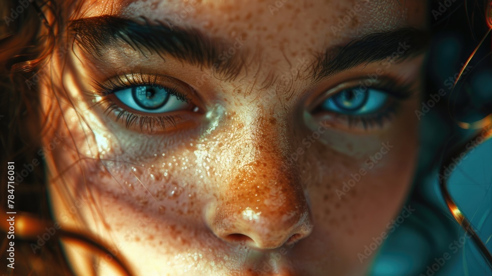Intense Blue-Eyed Woman with Sunlit Freckles Close-Up