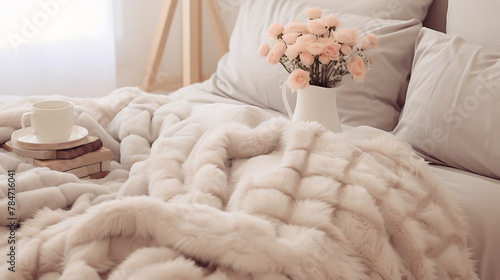 Fluffy quilts and warm blankets for additional comfort on chilly days. In the spirit of hygge.