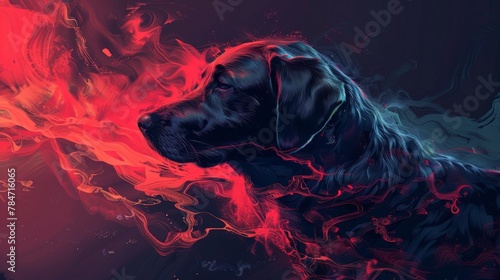 A dreamy Labrador Retriever floating in abstract dark blue and red patterns, creating a surreal and gentle narrative. photo