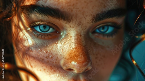 Intense Blue-Eyed Woman with Sunlit Freckles Close-Up © Viktorikus