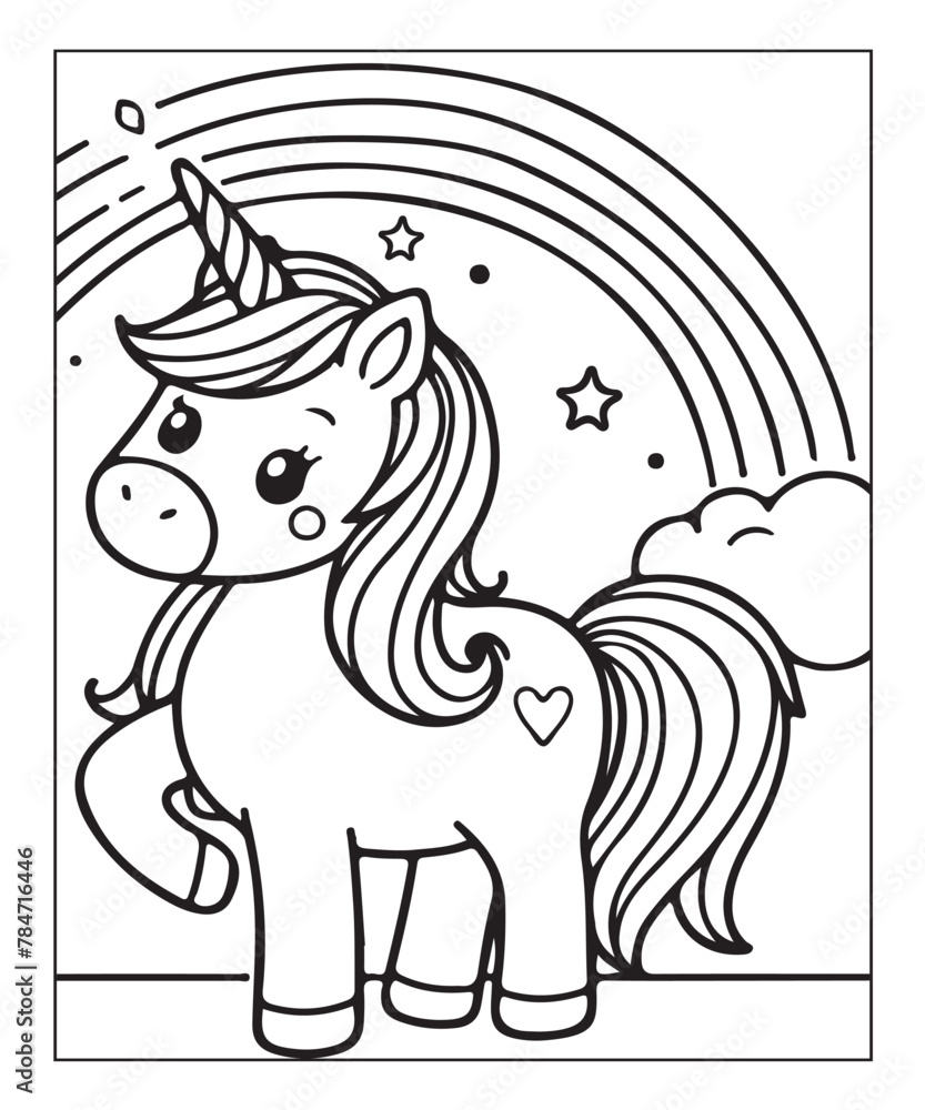 Fototapeta premium Cute unicorn with rainbow. black and white vector illustration for coloring book, Generative AI